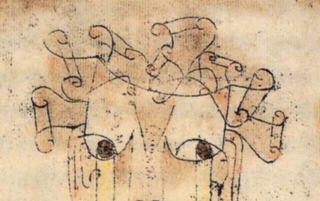 Detail 1: Curled lines above the head in Angelus Novus